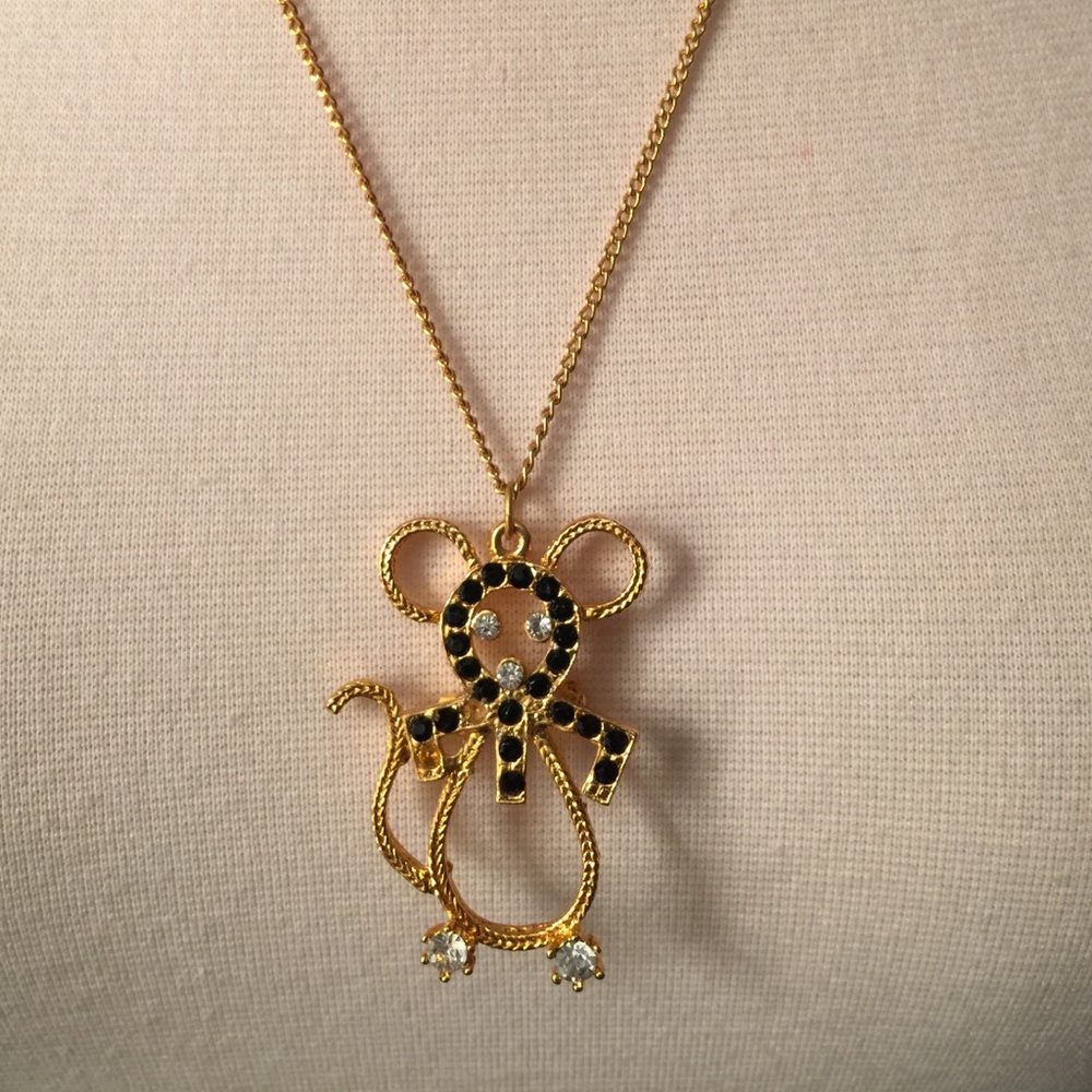 Gold Vintage Mouse Bling Stone Necklace